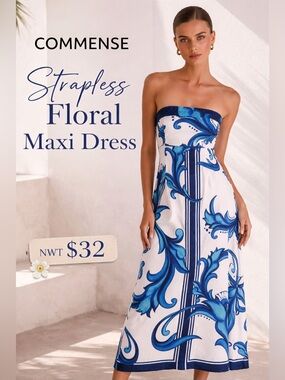NWT COMMENSE Strapless Blue White Floral Maxi Dress Size Small